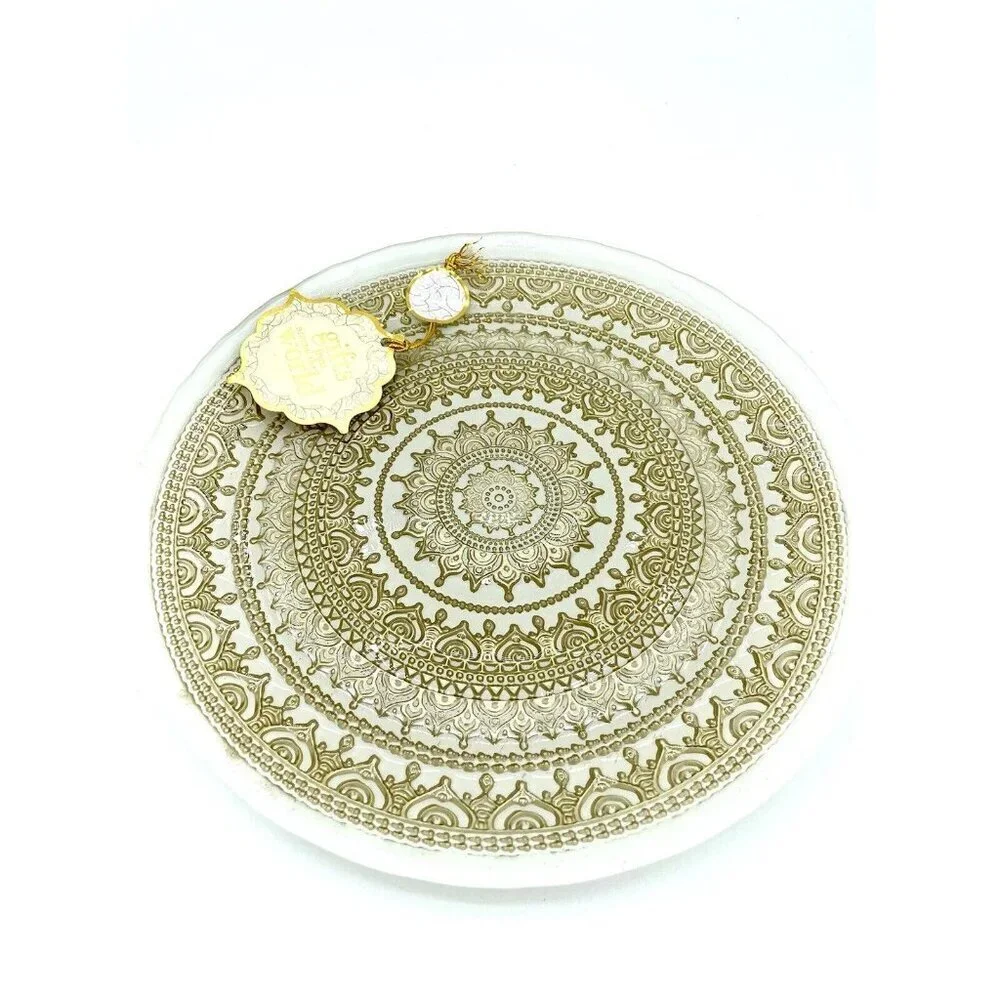 TURKISH GLASS White Entrée Plates Hand Painted Gold Lace Set of 4 NWT Glass